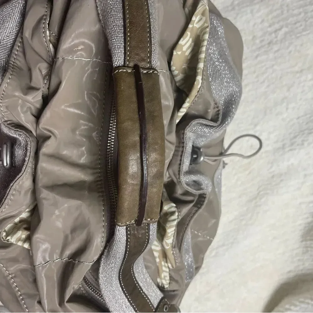 Juicy Couture Nylon taupe & cotton silver shimmery hobo bag leather strap